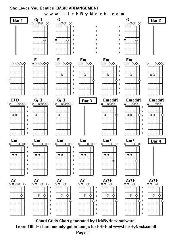 Chord Grids Chart of chord melody fingerstyle guitar song-She Loves You-Beatles -BASIC ARRANGEMENT,generated by LickByNeck software.